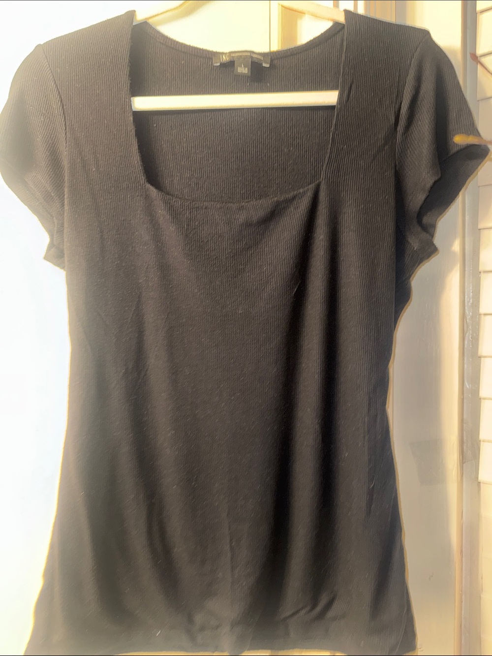 INC International Concepts Black Ribbed Square-Neck Short Sleeve Tee